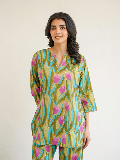 Cotton Printed Lounge Wear Coord Set Green Flower