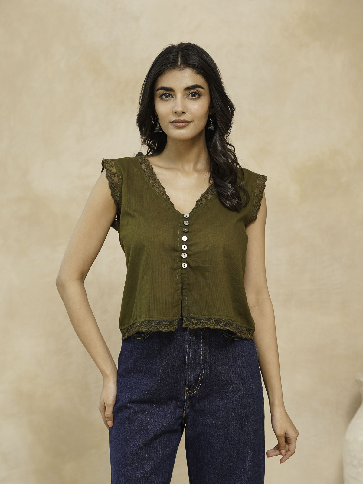 Sleeveless Cotton Printed Daisy Lace Top Green