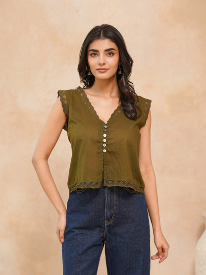 Sleeveless Cotton Printed Daisy Lace Top Green