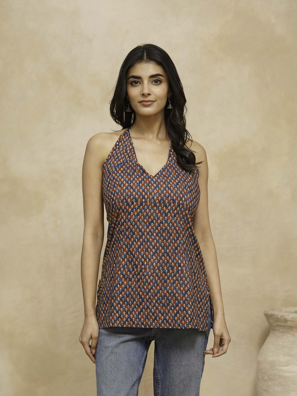 Cotton Printed Stylish Halter Tie-Up Kurti Bandhej
