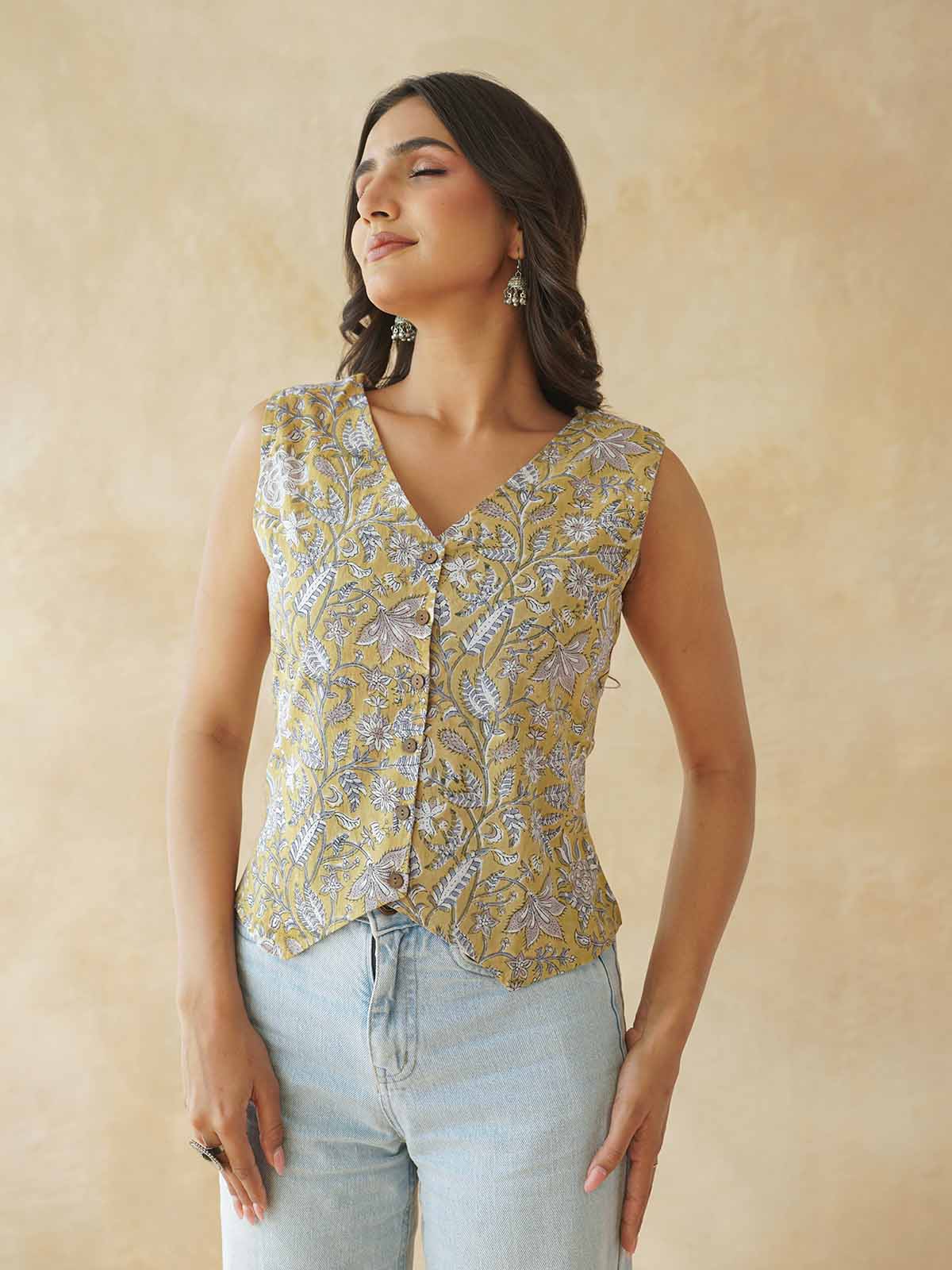Sleeveless Cotton Block Printed Kothi Top Mustard