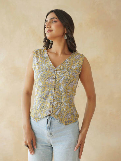Sleeveless Cotton Block Printed Kothi Top Mustard