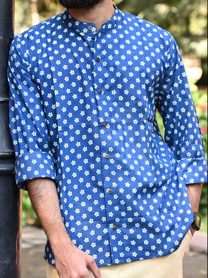 Men's Relaxed Fit Cotton Shirt – Full Sleeves - Blue Flower