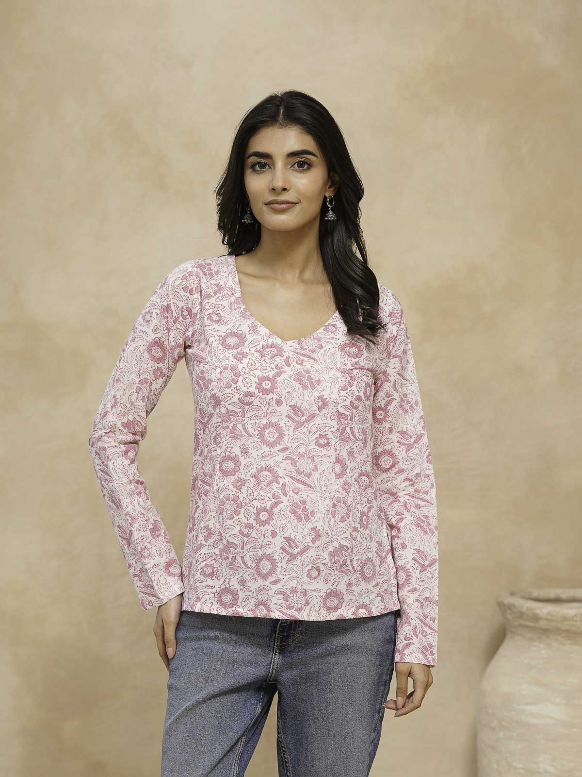 Full Sleeve Cotton Printed Classic Vee Top White