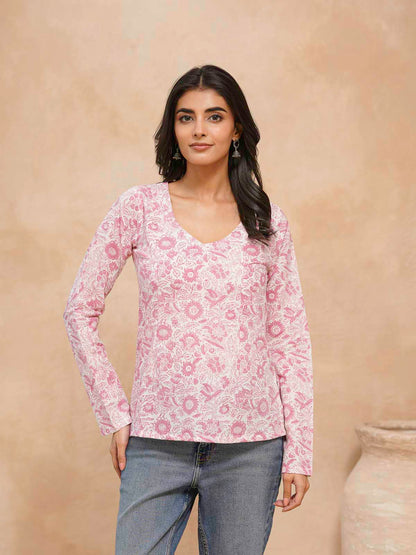 Full Sleeve Cotton Printed Classic Vee Top White
