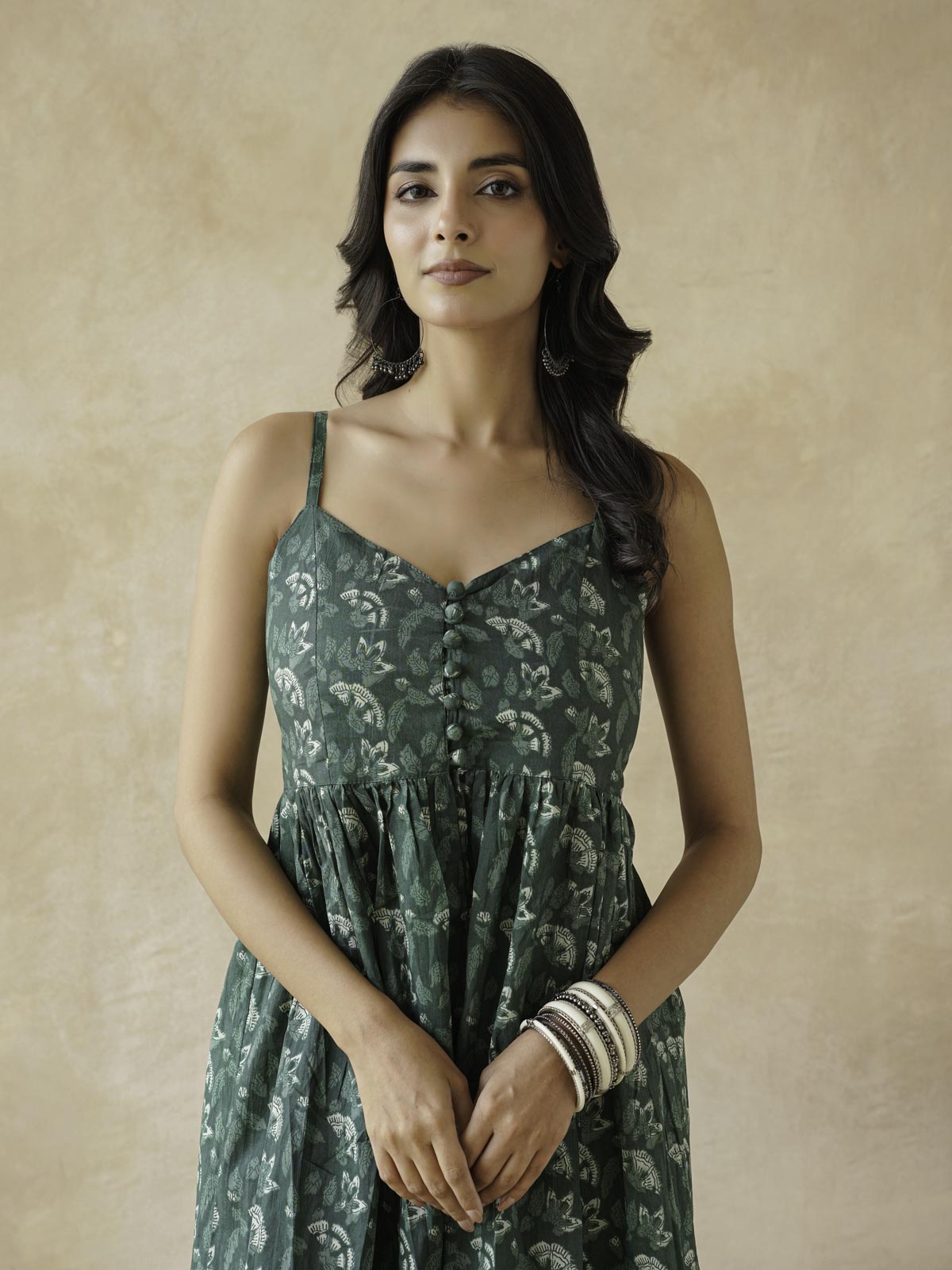 V-Neck Long Strappy Dress Forest Green