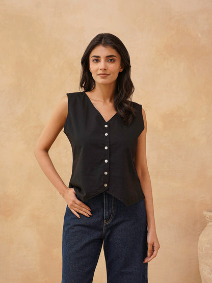 Classic Linen Vest For Women Black