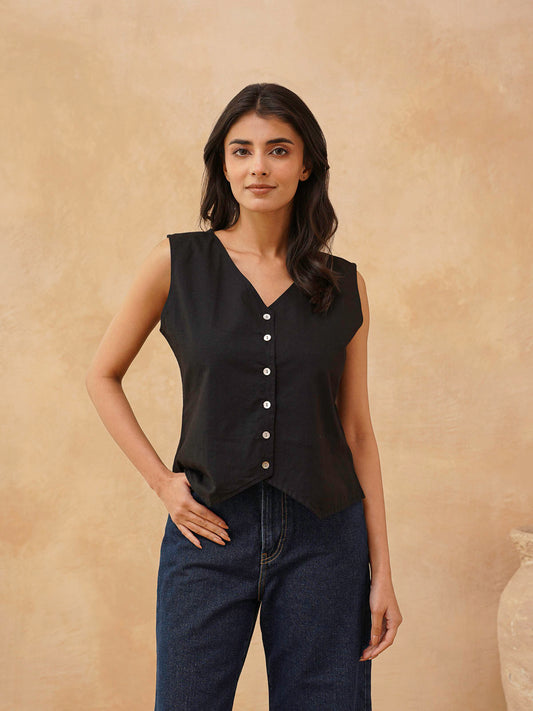 Classic Linen Vest For Women Black