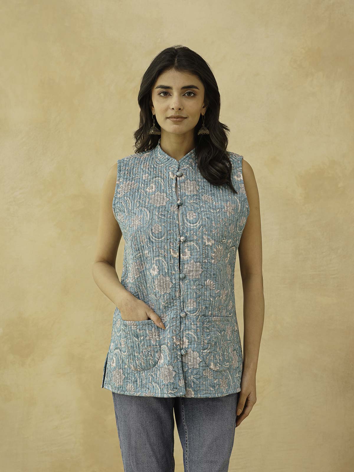 Cotton Printed Sleeveless Quilted Jacket Green Jaal