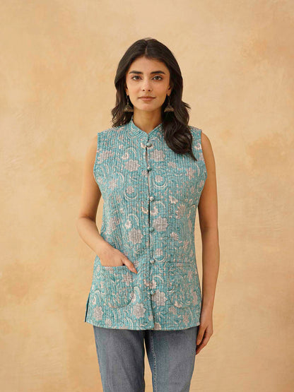 Cotton Printed Sleeveless Quilted Jacket Green Jaal