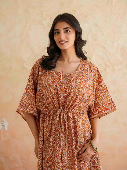 Block-Printed Cotton Long Kaftan Red Patti