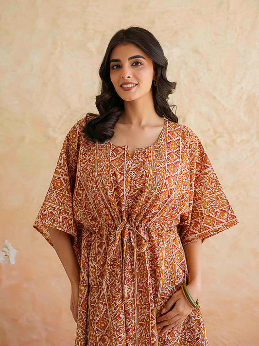 Block-Printed Cotton Long Kaftan Red Patti