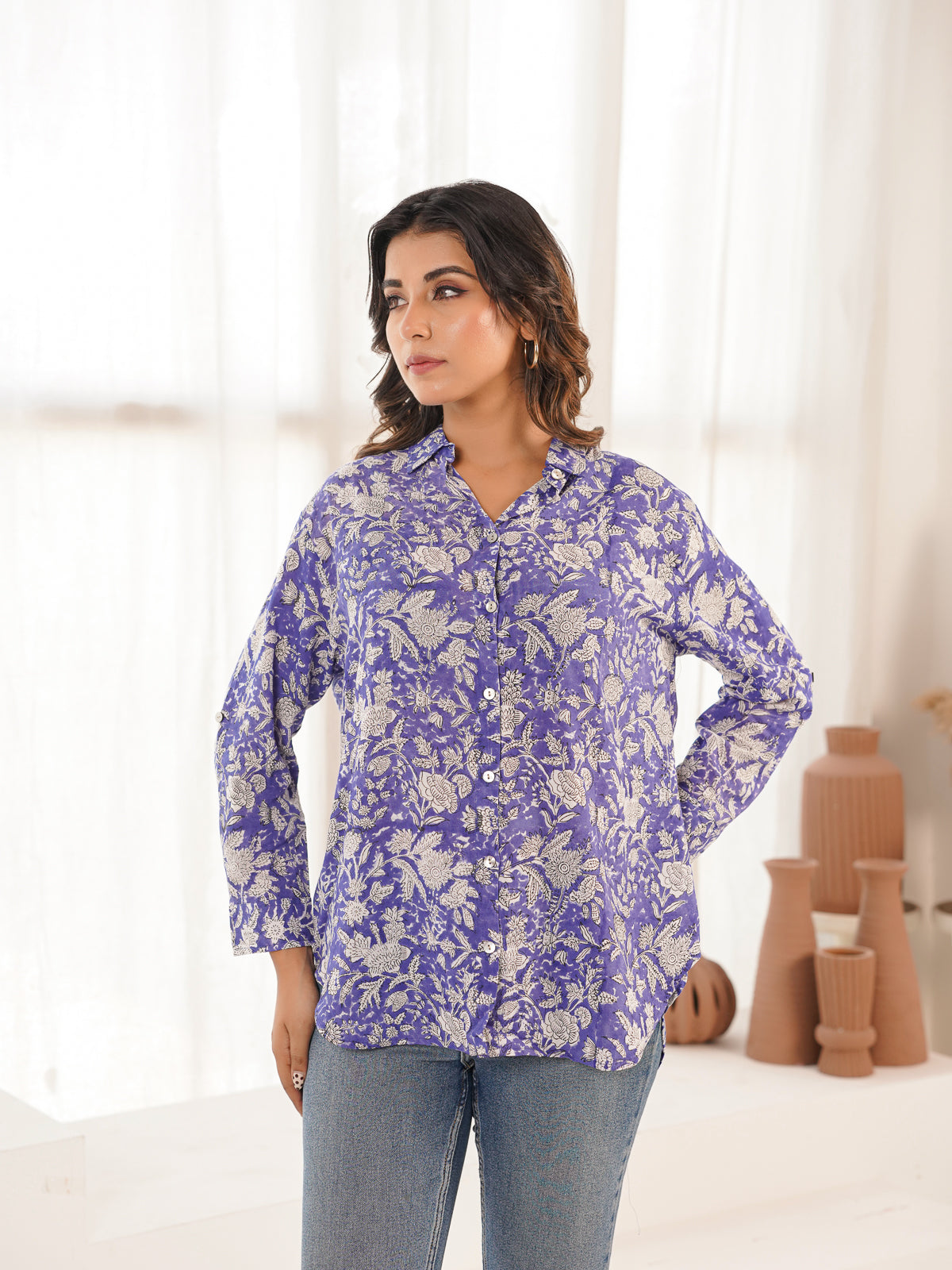 Block Printed Cotton Meher Shirt Blue Jaal