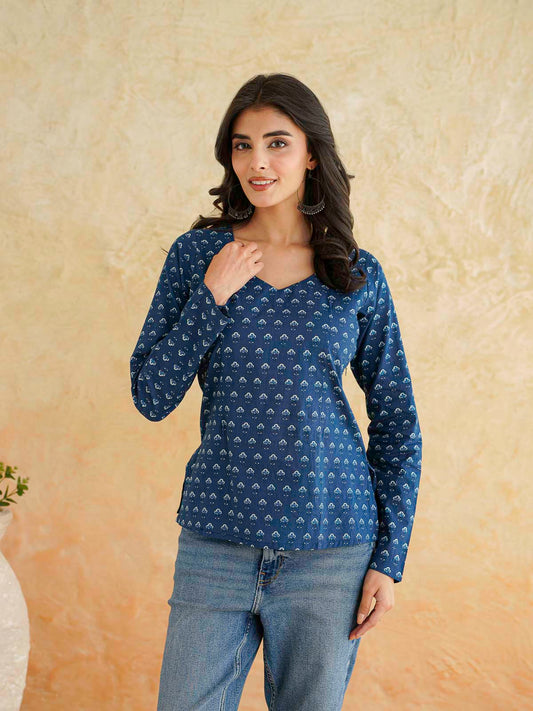 Full Sleeve Cotton Printed Classic Vee Top Indigo Booty
