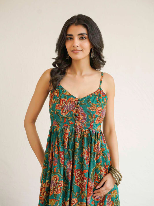 V-Neck Long Strappy Dress Dark Green
