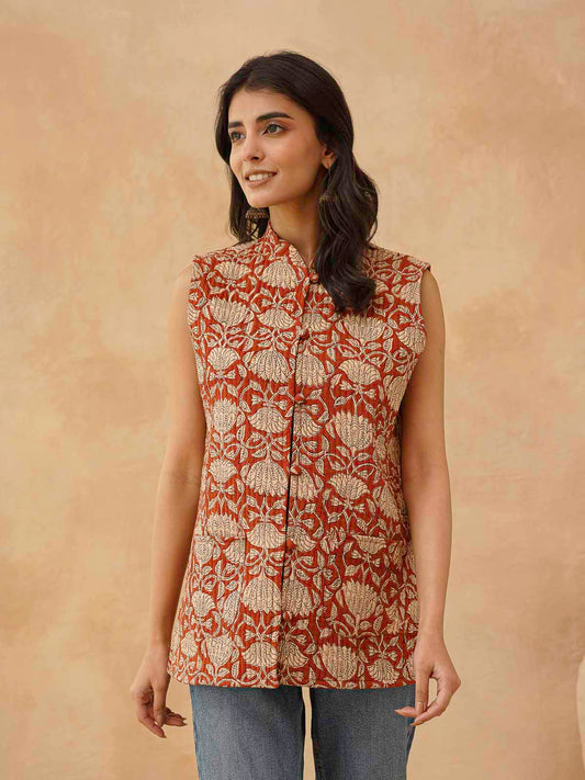 Cotton Printed Sleeveless Quilted Jacket Red Kamal