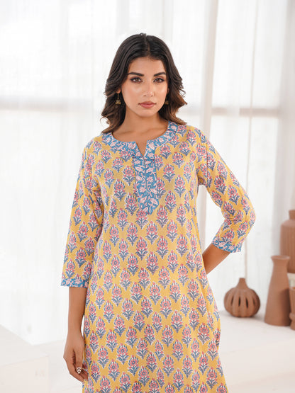 Cotton Block Printed Long Kurta Yellow