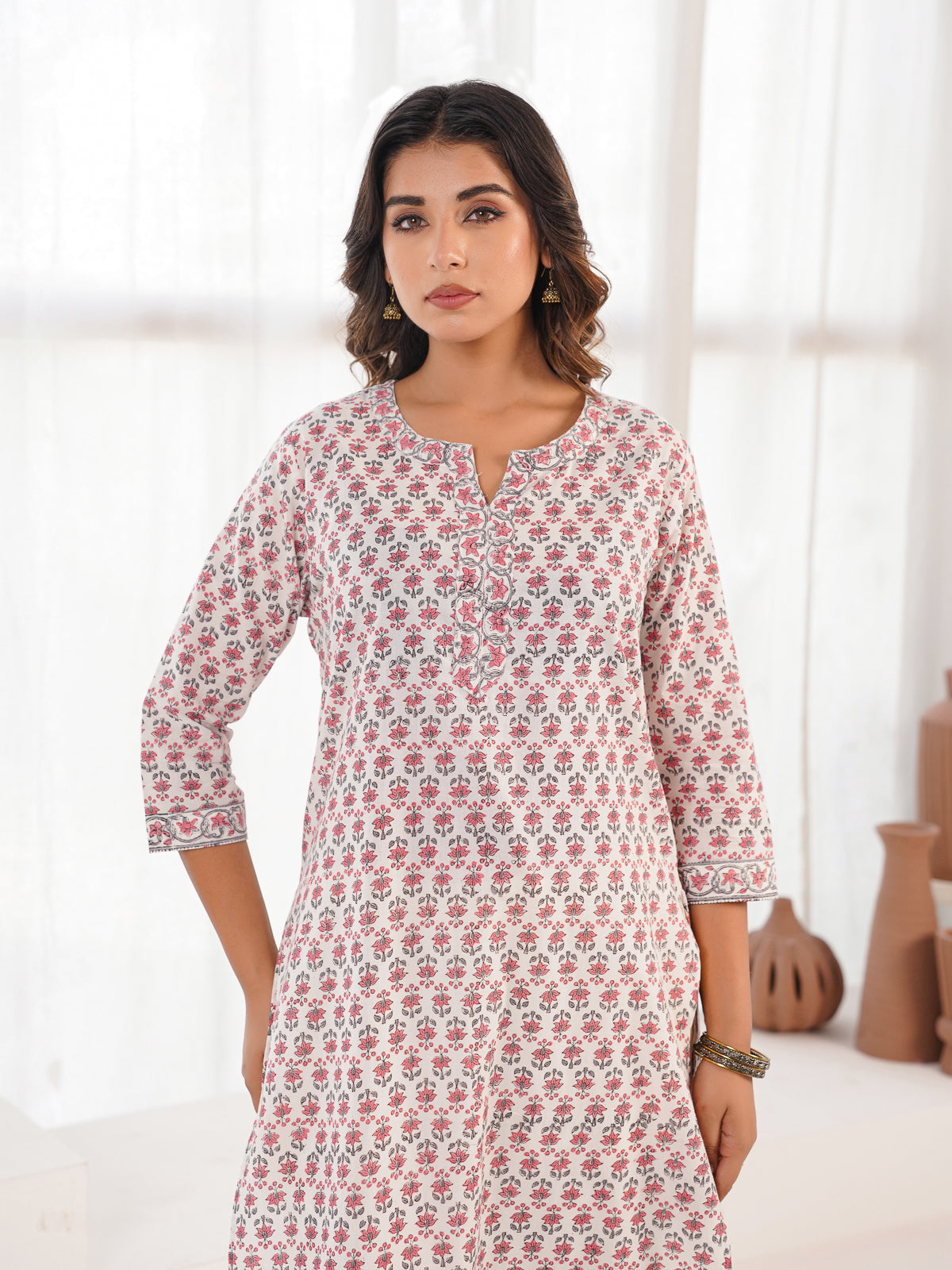 Cotton Block Printed Long Kurta White Booty
