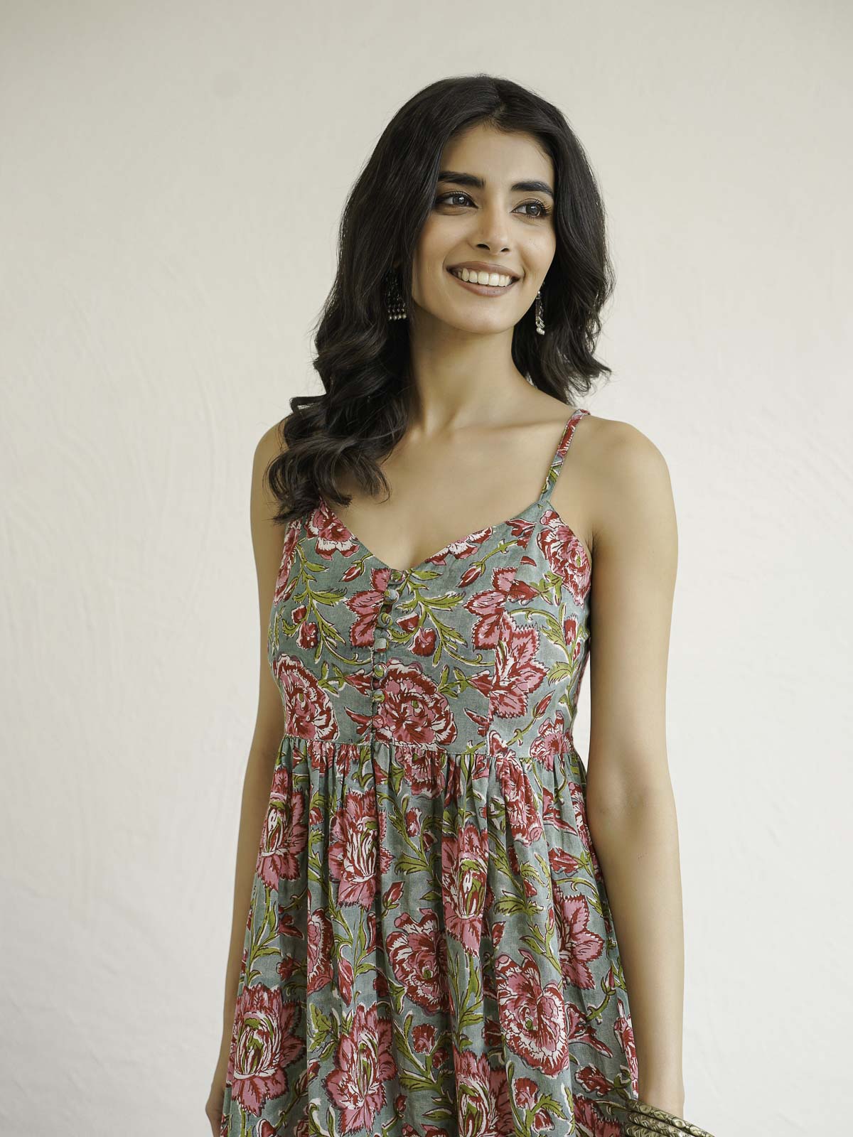 V-Neck Long Strappy Dress Green Flower