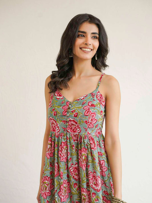 V-Neck Long Strappy Dress Green Flower