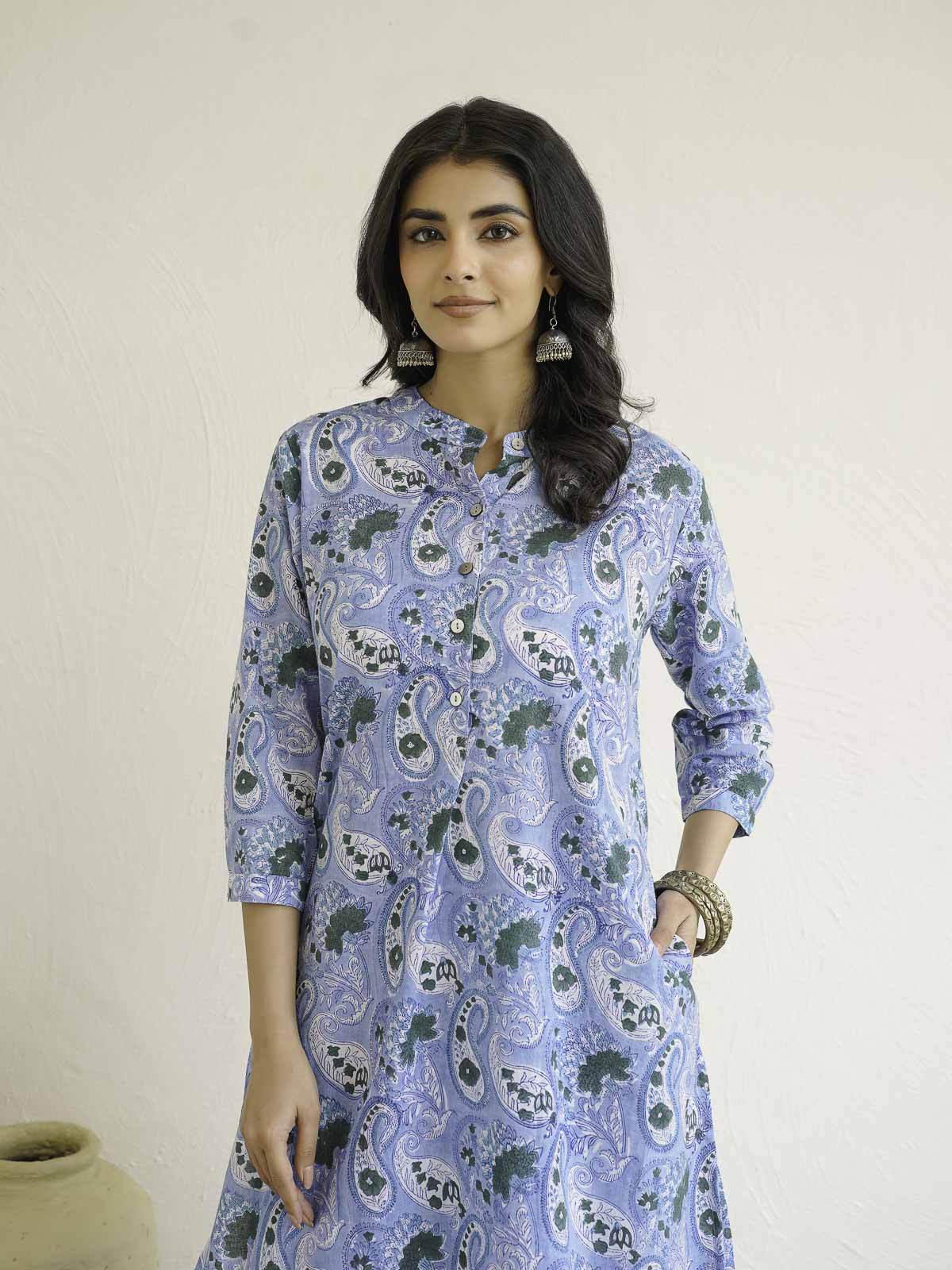 Women Ethnic Motifs Printed Cotton Pleat Set Sky Blue