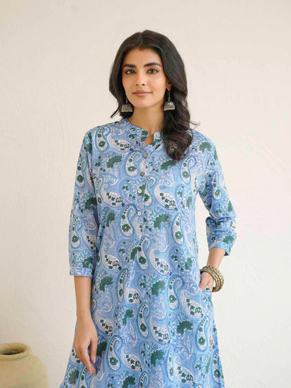 Women Ethnic Motifs Printed Cotton Pleat Set Sky Blue
