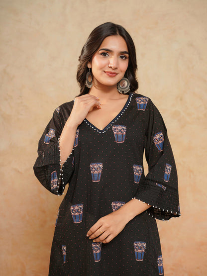 Cotton Printed Ultimate Aline Kurta For Women Black