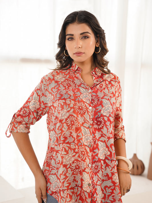 Block Printed Cotton Meher Shirt Red Flower