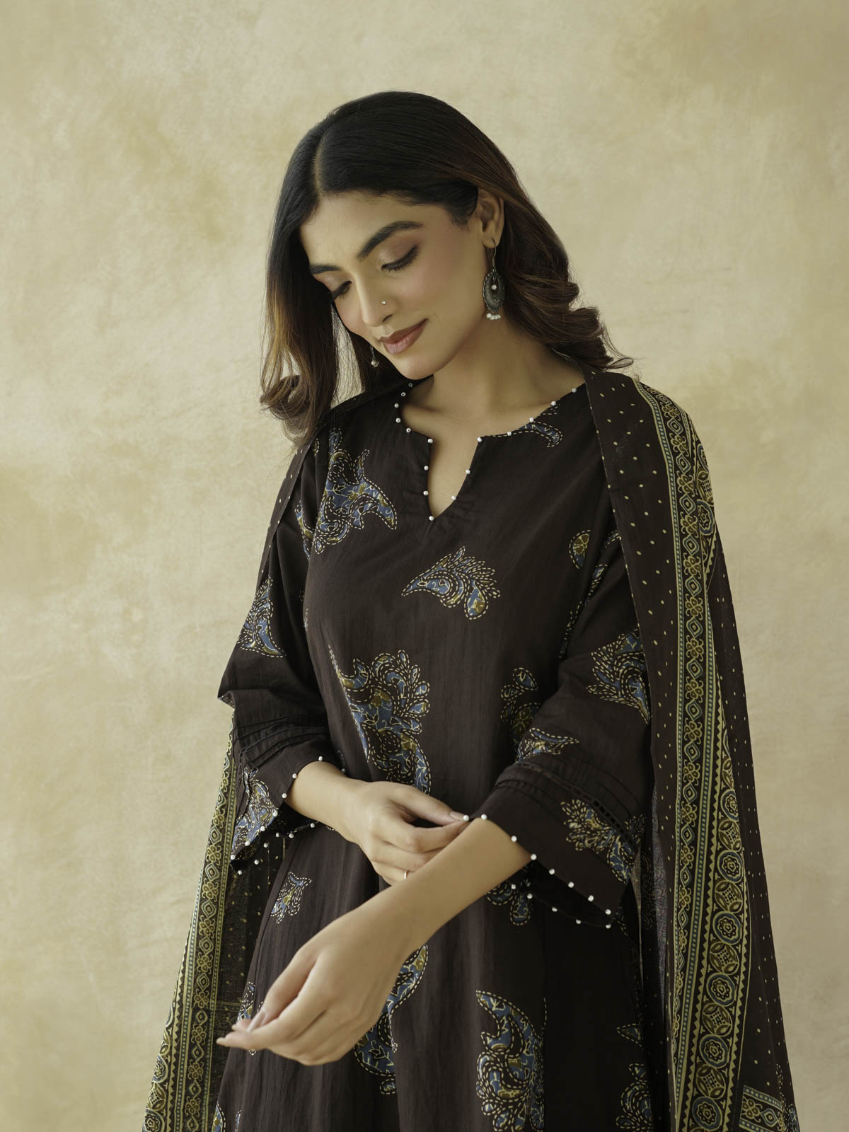 Cotton Printed Aline Geet Kurta Set For Women Choco Brown