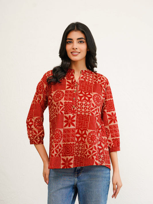 Cotton Printed Everyday Tunic Top For Women Red