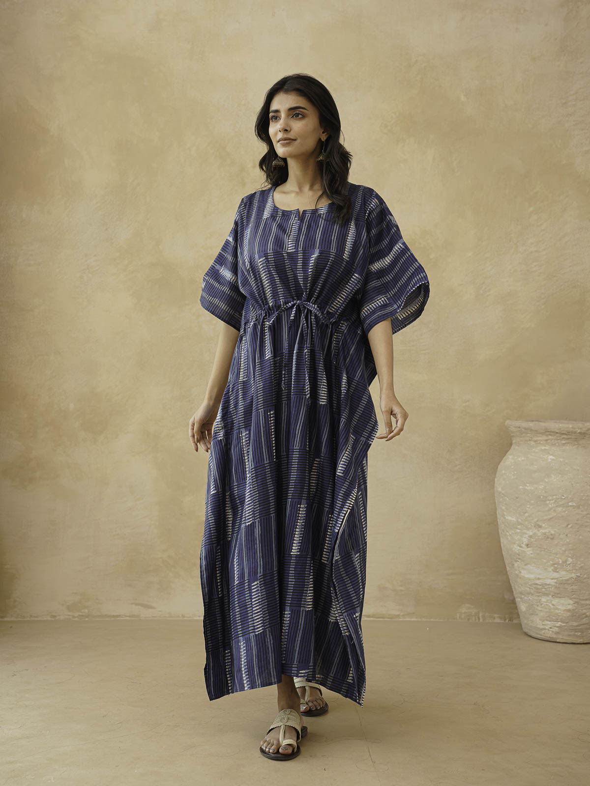 Block-Printed Cotton Long Kaftan Indio Straip