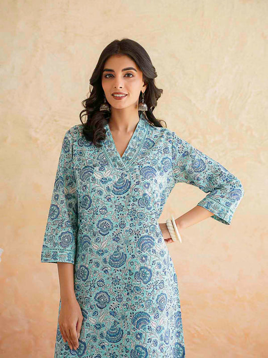 Classic Cotton Kurta Set For Women Sky Blue