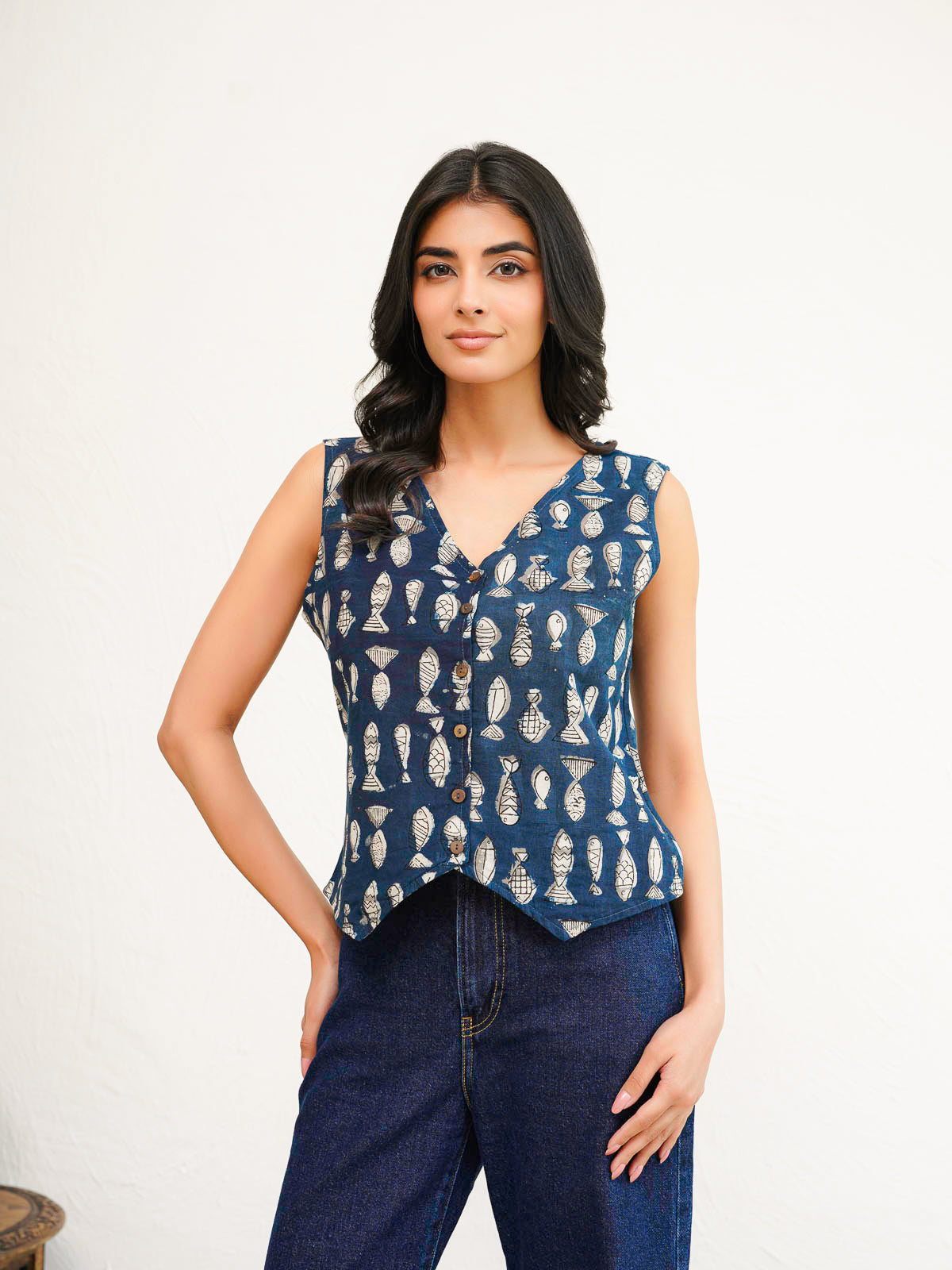 Sleeveless Cotton Block Printed Kothi Top Fish