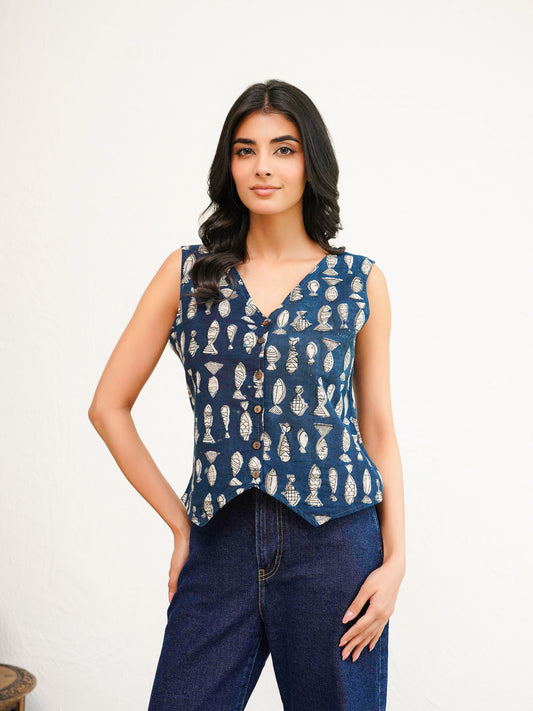 Sleeveless Cotton Block Printed Kothi Top Fish