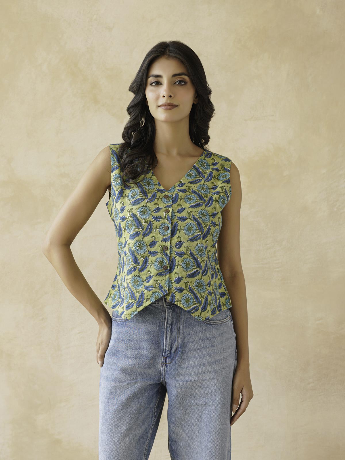 Sleeveless Cotton Block Printed Kothi Top Green Jaal