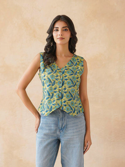 Sleeveless Cotton Block Printed Kothi Top Green Jaal