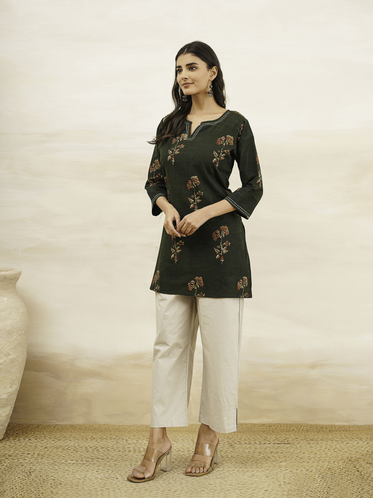 Cotton Printed Kantha Kurta Green Patti