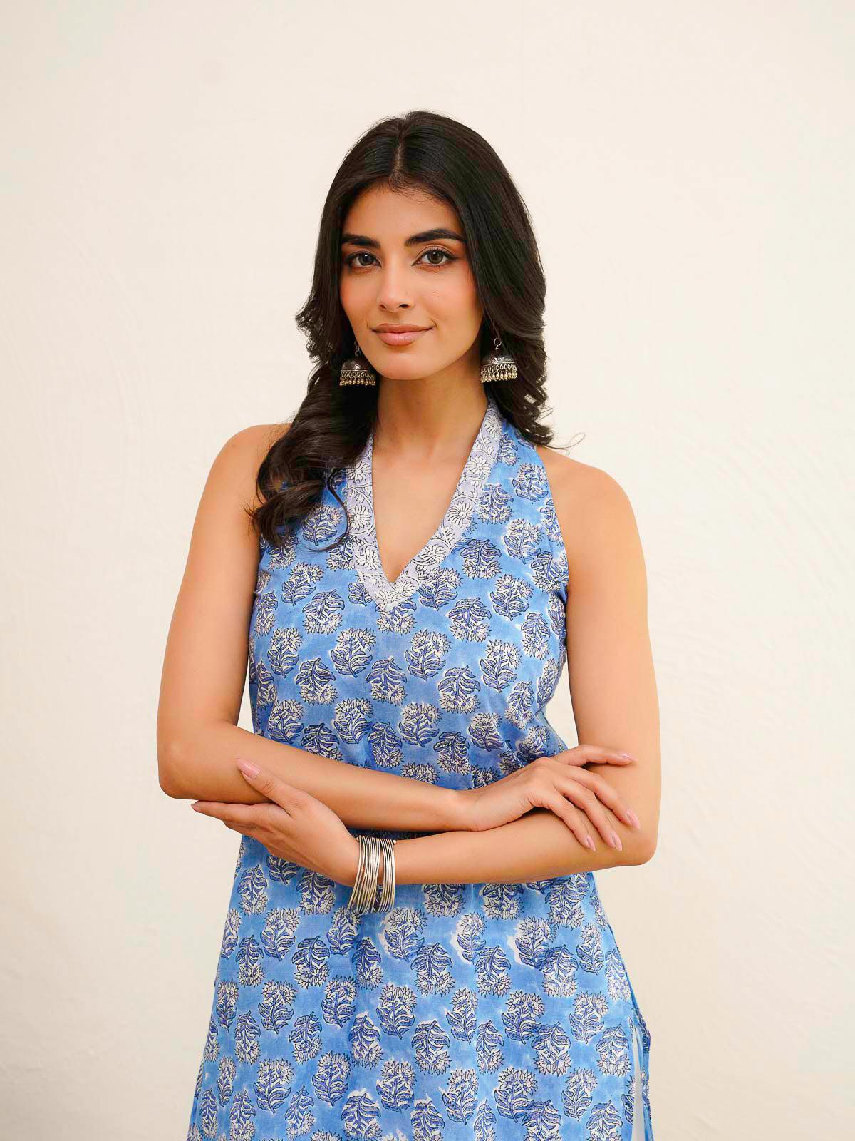 Sleeveless Cotton Halter Neck Kurti Blue Booty