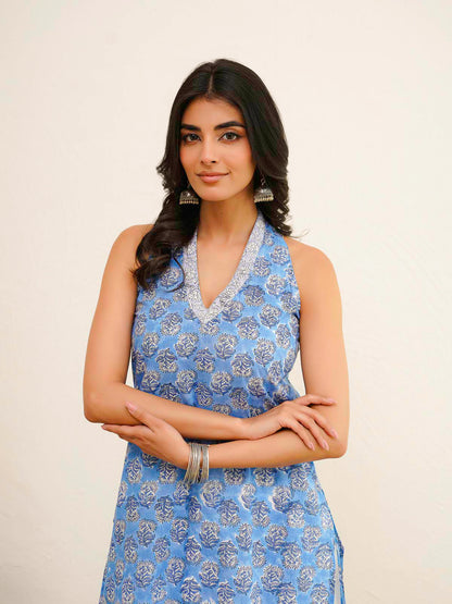 Sleeveless Cotton Halter Neck Kurti Blue Booty