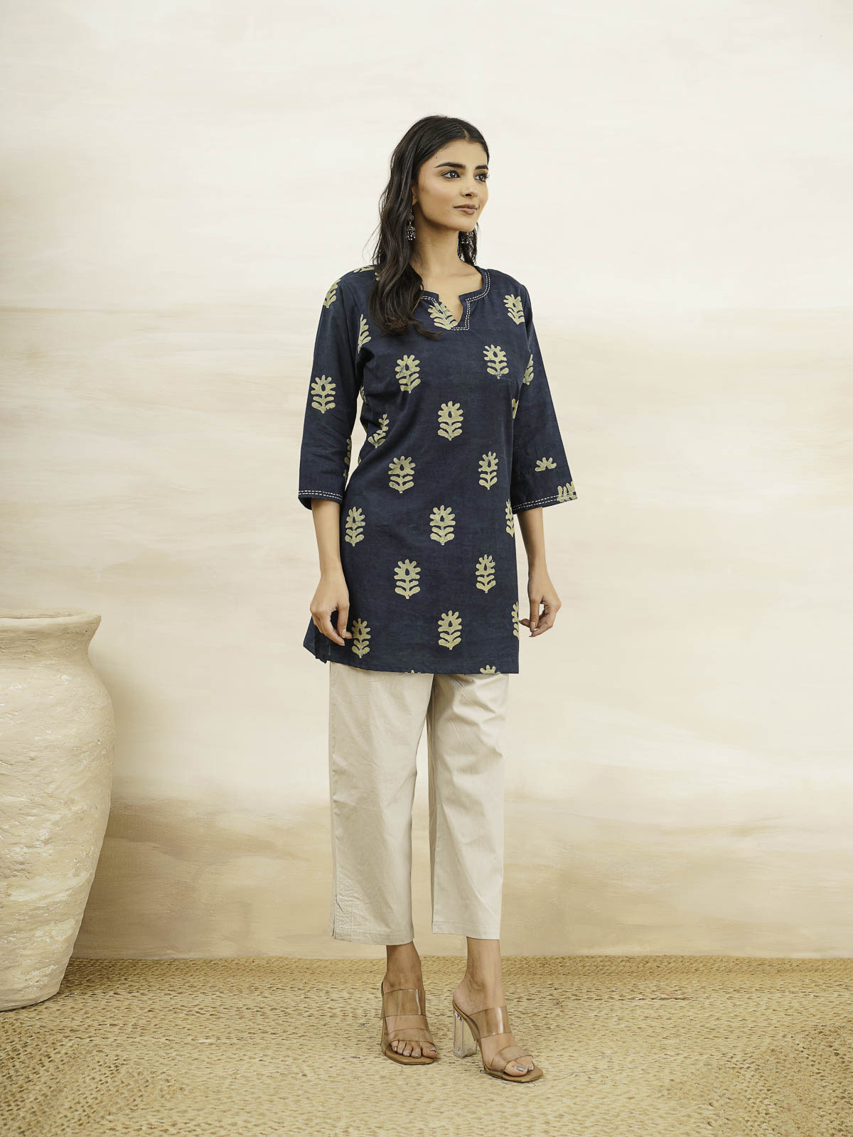Cotton Printed Kantha Kurta Indigo Boota