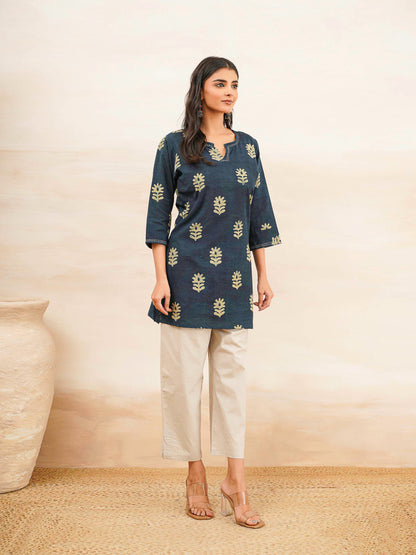 Cotton Printed Kantha Kurta Indigo Boota