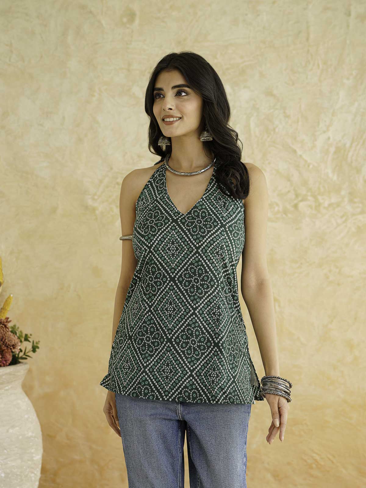 Cotton Printed Stylish Halter Tie-Up Kurti Green