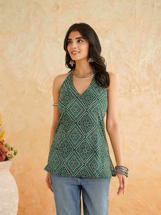Cotton Printed Stylish Halter Tie-Up Kurti Green