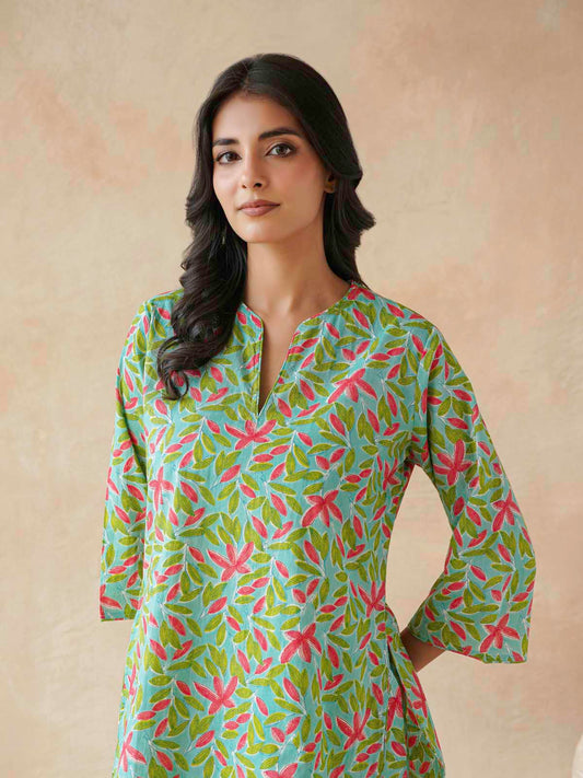 Cotton Printed Lounge Wear Coord Set Green Patti