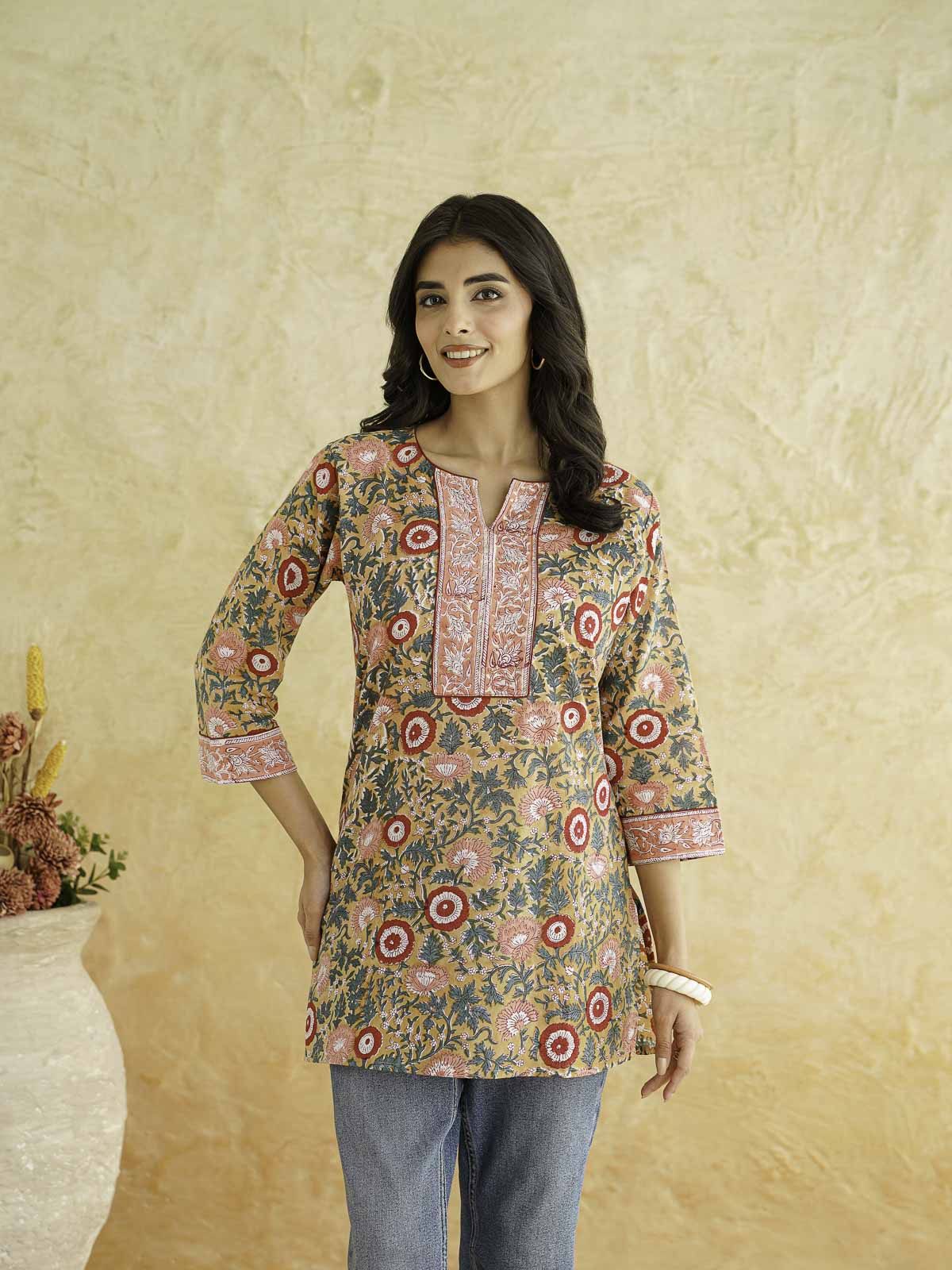 Cotton Printed Sequin Short Kurti For Women Brown