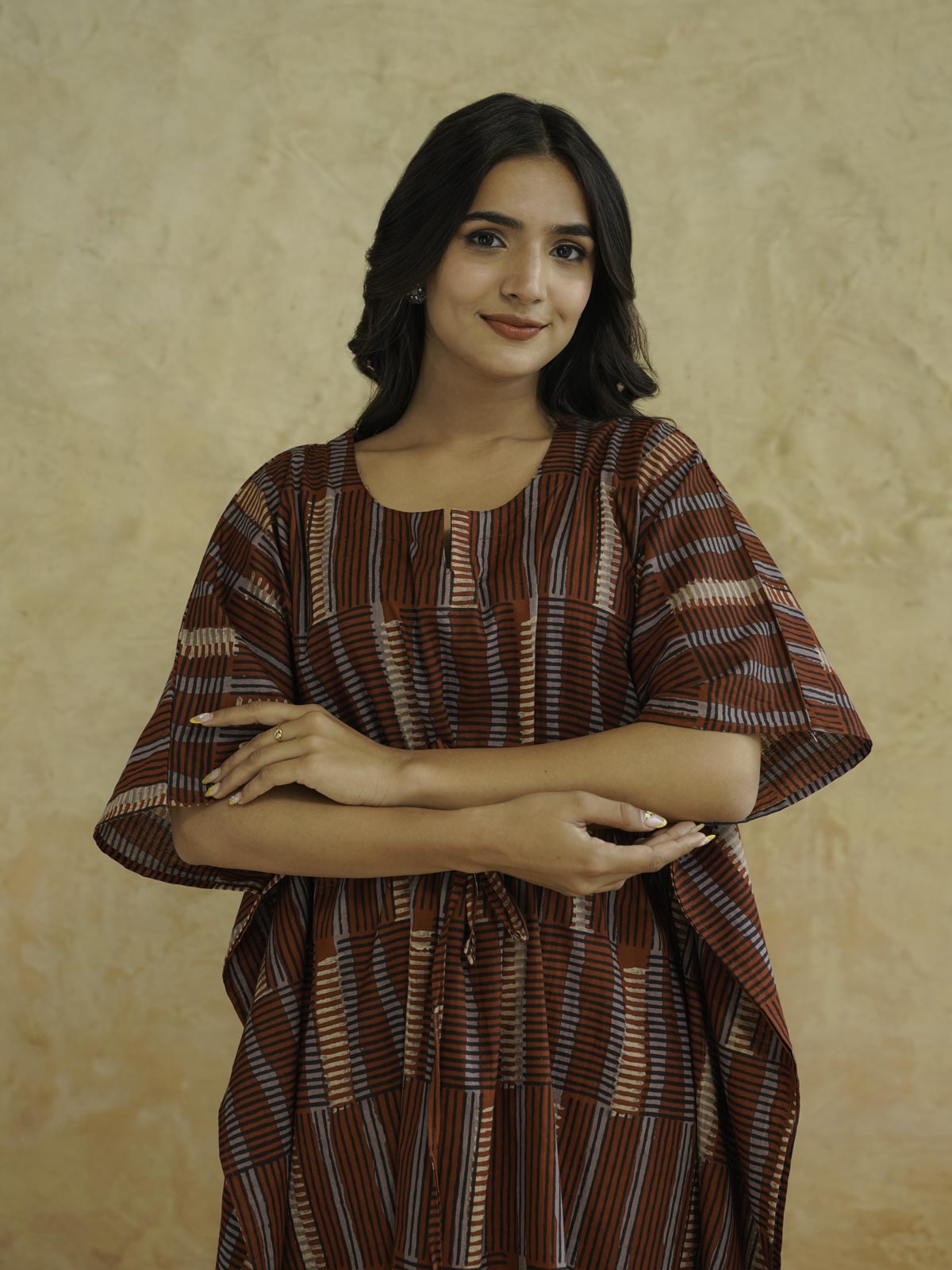 Block-Printed Cotton Long Kaftan Red Starp