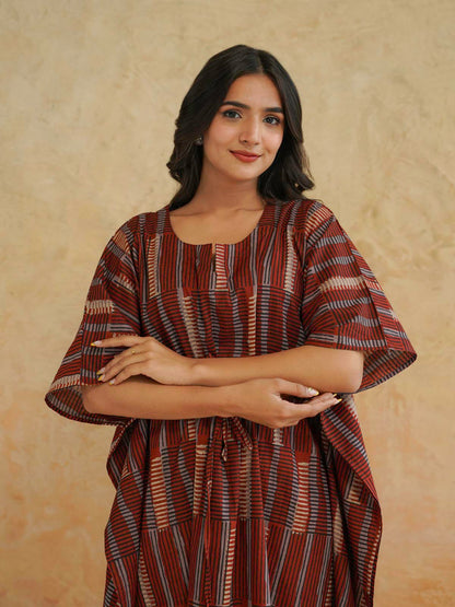 Block-Printed Cotton Long Kaftan Red Starp