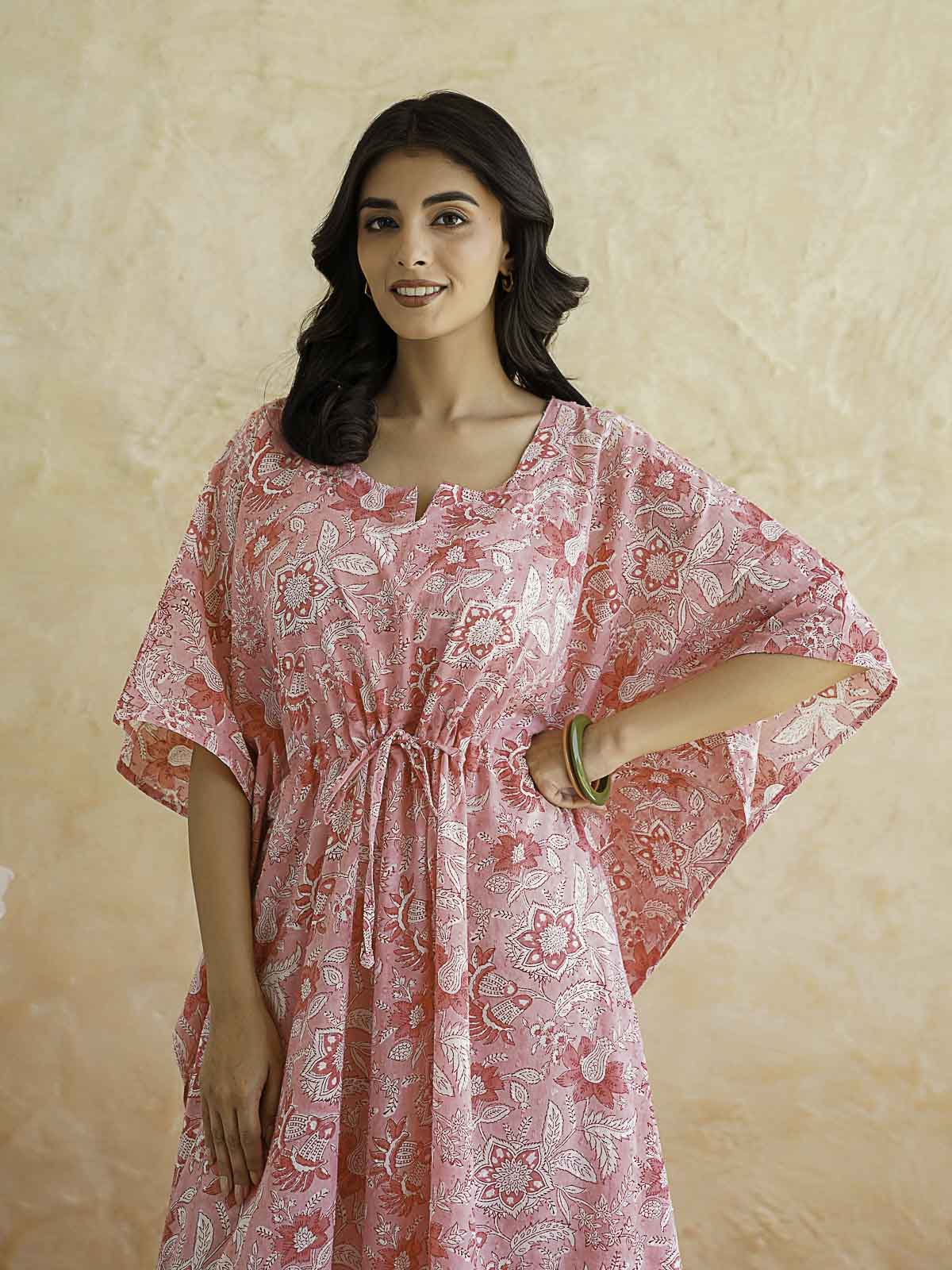 Block-Printed Cotton Long Kaftan Pink Jaal