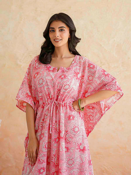 Block-Printed Cotton Long Kaftan Pink Jaal