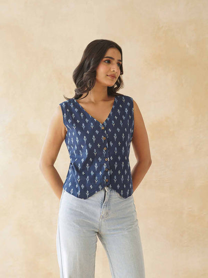 Sleeveless Cotton Block Printed Kothi Top Blue Booty